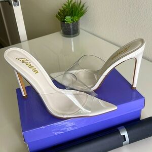 Clear pointy mule heels